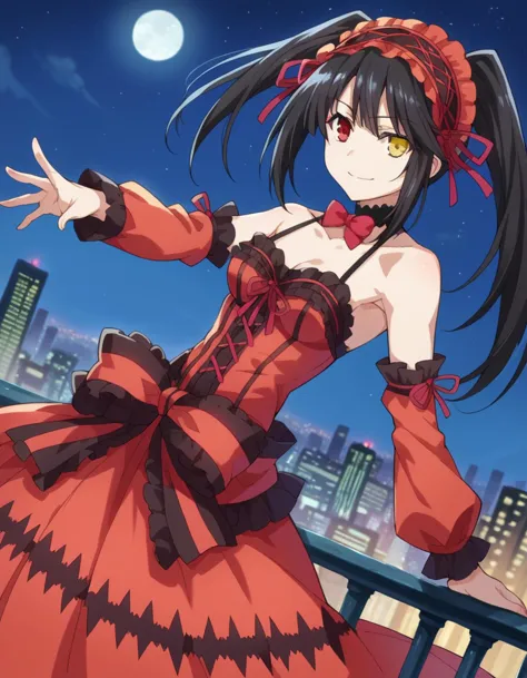 score_9, score_8_up, score_7_up, source_anime, 
kurumitokisaki, kurumi tokisaki astral dress, long hair, black hair, red eyes, twintails, yellow eyes, hairband, heterochromia, smile, dress, red dress, bare shoulders, collarbone, choker, bowtie, red bowtie, detached sleeves, corset, frills, 
outdoors, cityscape, night sky, starry sky, moon,
looking at viewer, cowboy shot, dutch angle,