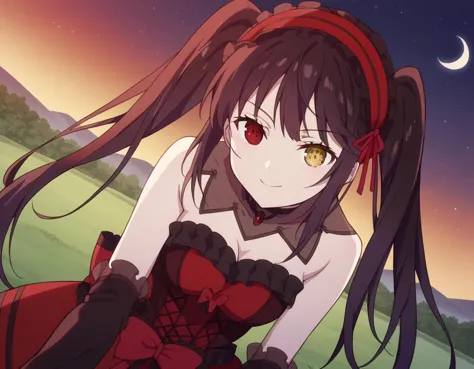 score_9, score_8_up, score_7_up, source_anime,
kurumitokisaki, kurumi tokisaki, black hair, red eyes, long hair,
twintails, yellow eyes, hairband, heterochromia, dress, red dress, bare shoulders, collarbone, choker, bowtie, red bowtie, detached sleeves, corset, frills, cleavage,
outdoors, landscape, night, moon, bent over, smile,
solo, dutch angle, looking at viewer, cowboy shot,