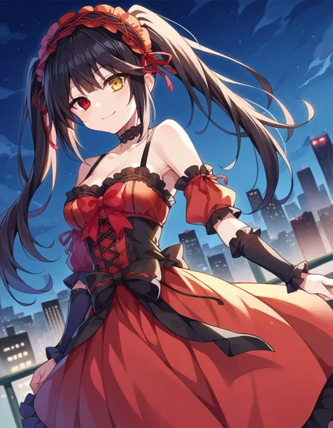 score_9, score_8_up, score_7_up, source_anime,
kurumitokisaki, <lora:kurumi-tokisaki-booru-ponyxl-lora-nochekaiser:1>,
kurumi tokisaki, black hair, red eyes, long hair,
twintails, yellow eyes, hairband, heterochromia, dress, red dress, bare shoulders, collarbone, choker, bowtie, red bowtie, detached sleeves, corset, frills, cleavage,
outdoors, cityscape, night, smile,
looking at viewer, dutch angle, cowboy shot,