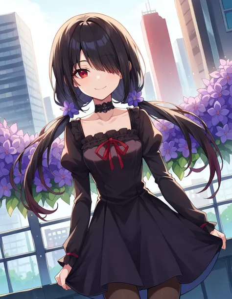 score_9, score_8_up, score_7_up, source_anime,
kurumitokisaki, kurumi tokisaki, black hair, red eyes, long hair,
long sleeves, dress, pantyhose, hair over one eye, black dress, black pantyhose, puffy sleeves, choker, collarbone, skirt, black skirt, flowers, hair flowers, purple flowers, twintails, low twintails,
outdoors, cityscape, smile,
looking at viewer, dutch angle, cowboy shot,