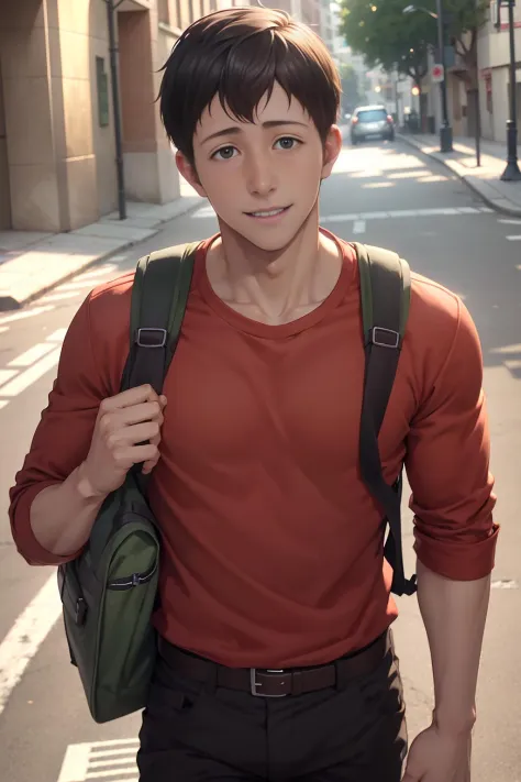 bertolt, young, boy, 10 years old, backpack, red shirt, trousers, smile, street  <lora:bertolt-08:0.8>