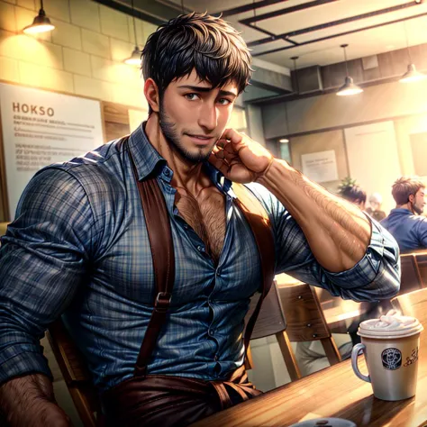 bertolt, modern setting, sitting on a chair, taking a coffee, looking at you, blue shirt, unbuttoned, hairy chest, pectorals, be...