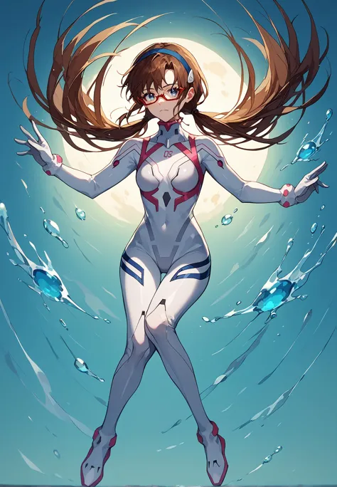 a woman in a white suit and red shoes is standing in the water