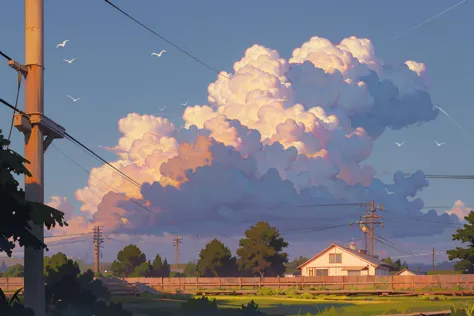 painting of a large cloud over a rural area with a house