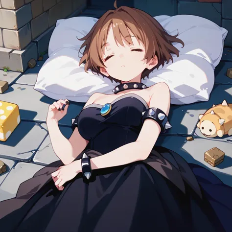 score_9, score_8_up, score_7_up, source_anime, rating_explicit BREAK solo, sleeping, pillow, concrete, outdoor, <lora:bowsette_dress-PD-1.0:0.8> bowsette dress, <lora:kumin-tsuyuri-s2-ponyxl-lora-nochekaiser:0.8> kumin tsuyuri, short hair, brown hair,