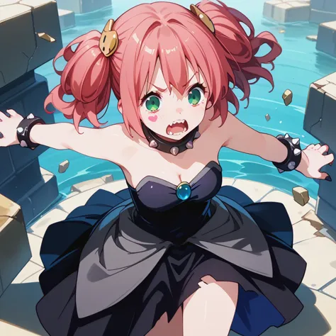 anime girl with pink hair and green eyes in a black dress