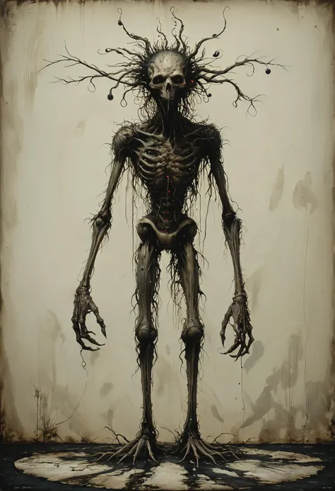 a drawing of a creepy looking creature with a tree on its head