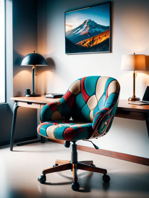 brightly colored office chair in front of a window with a mountain view