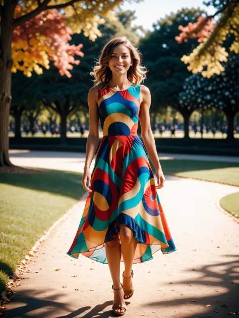 a woman in a colorful dress walking down a path