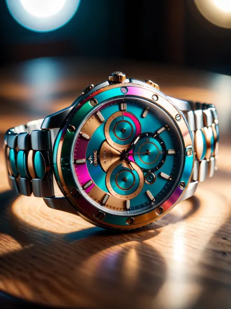 a close up of a watch on a wooden table with a blurry background