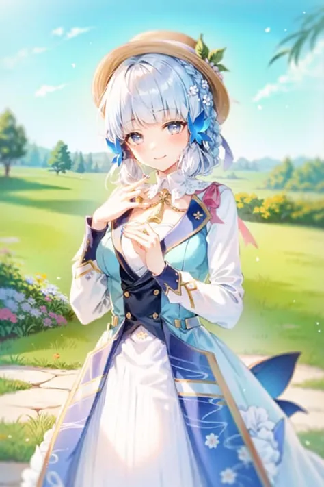 (Realistic painting style:1.1), (faux traditional media:1.0), masterpiece, best quality, bokeh, depth of field, looking to the side, kamisato ayaka (springbloom missive), kamisato ayaka, official alternate hairstyle, official alternate costume, blunt bangs, butterfly hair ornament, hair flower, blue dress, 1girl, butterfly, grey eyes, flower, hair ornament, light blue hair, outdoors, solo, hat, sky, blue nails, cloud, bangs, long sleeves, holding, looking at viewer, blue butterfly, blurry, braid, dress, day, blurry foreground, blue sky, breasts, medium breasts, cloudy sky, blush, index finger raised, blue flower, smile, closed mouth, finger to mouth