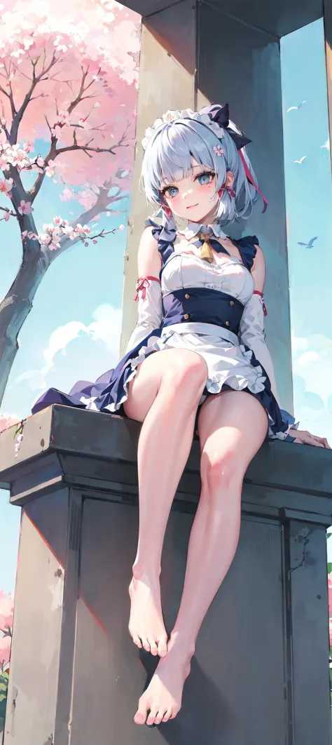 (masterpiece, 4k, best quality, highly detailed, 1girl, solo, small breasts, sakura trees, outdoors, close up, maid, maid apron, maid headdress, miniskirt, bare legs, bare shoulder, detached sleeves, sitting, full body, ass visible through thighs, from bel...
