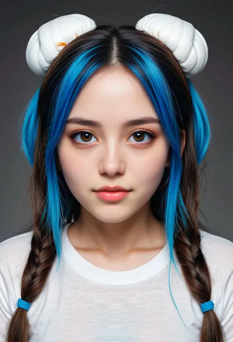 a woman with blue hair and white horns on her head