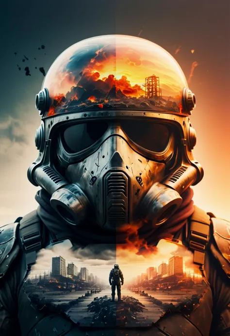 orangeblack, vaultboystyle, double exposure, doubleexposurestyle, power armor helmet, nuclear wasteland scene, atomic bomb, symmetrical,