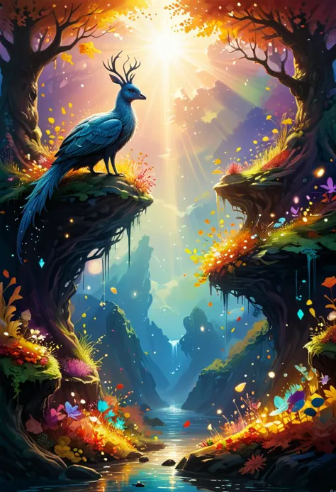 a painting of a peacock standing on a cliff in a forest