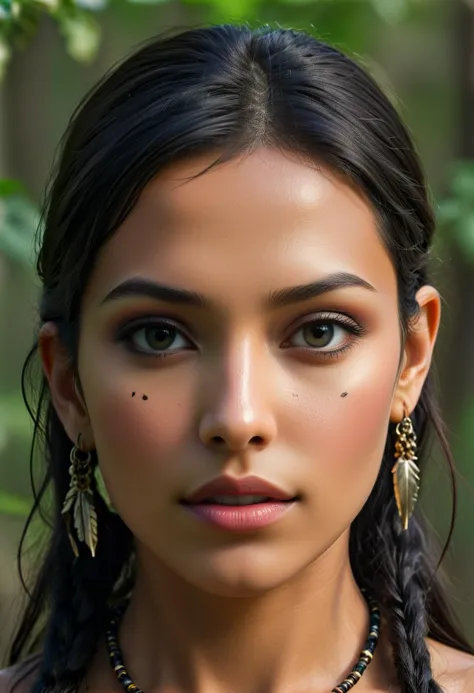 A fashion magazine photography of a proud Native American woman emerges from the forests with resilience and strength encased in every enchanting strand of ebony hair.