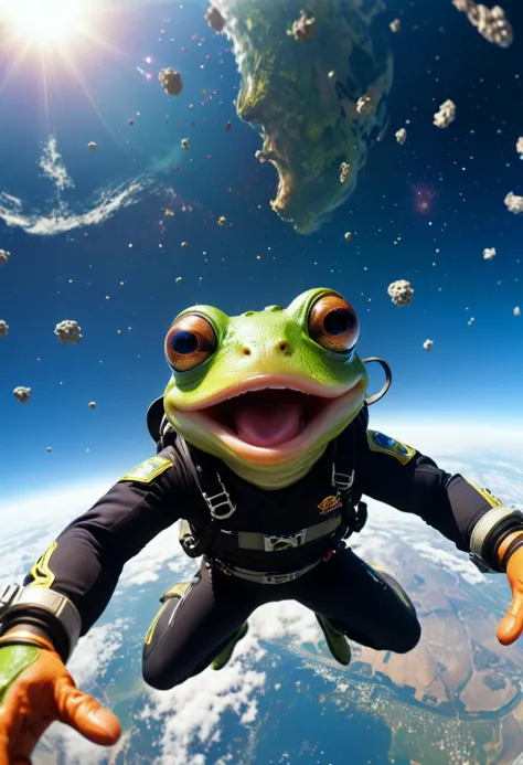 a frog takes a selfie in skydiving over a cosmic landscape with swirling galaxies, in the style of fisheye effects, funny mood, strong facial expression, wimmelbilder, tilt shift,