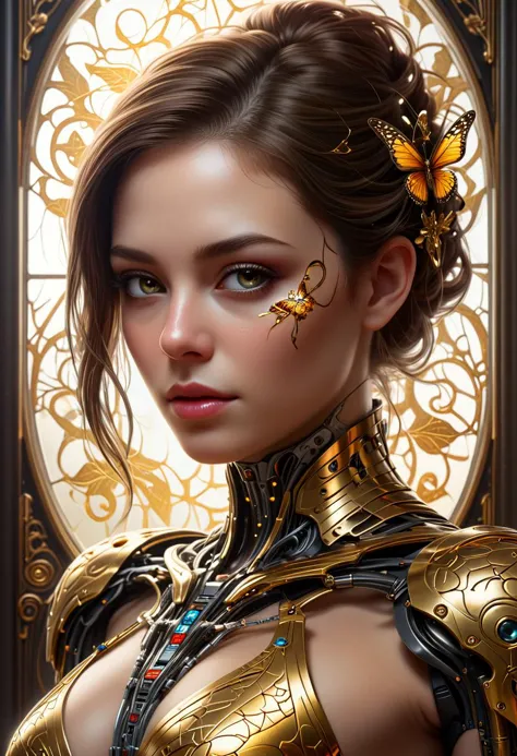 photo, 8k portrait of beautiful cyborg with brown hair, intricate, elegant, highly detailed, majestic, digital photography, art by artgerm and ruan jia and greg rutkowski surreal painting gold butterfly filigree, broken glass, (masterpiece, side lighting, finely detailed beautiful eyes: 1.2), hdr, realistic, high definition