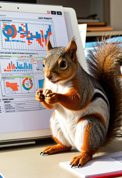 A comic book-style illustration of a squirrel AI analyzing a nut, charts and graphs projecting from its eyes.