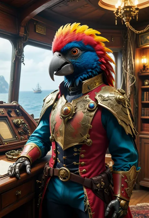 a close up of a parrot dressed in a pirate costume