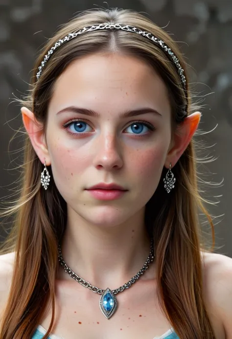 1girl,  artist name, blue eyes, earrings, elf, freckles, grey background, jewelry, long hair, looking at viewer, mole, necklace, nose, piercing, pointy ears, realistic, solo, tiara, upper body, web address