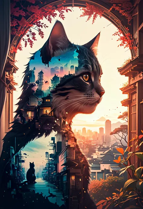 no scars to your beautiful kitten" double exposure collage art illustration, silhouette art, fantasy, hdr, vibrant, surrealism, hyperdetailed, hypermaximalist illustration, art by Anime Key Visual, Japanese Manga, Pixiv, Zerochan, Anime art, Fantia