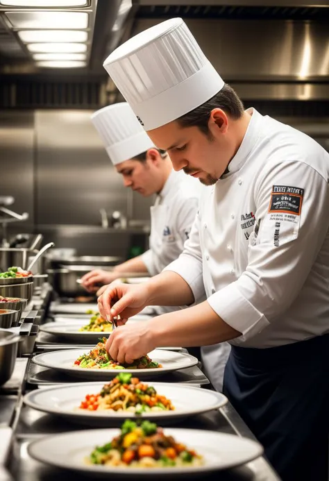 chefs preparing food in a commercial kitchen with stainless steel appliances