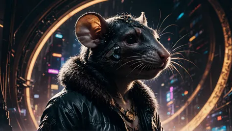 a close up of a rat in a leather jacket with a city in the background