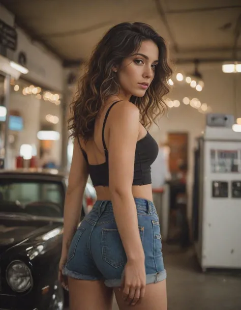 a woman in a black top and blue shorts standing next to a car