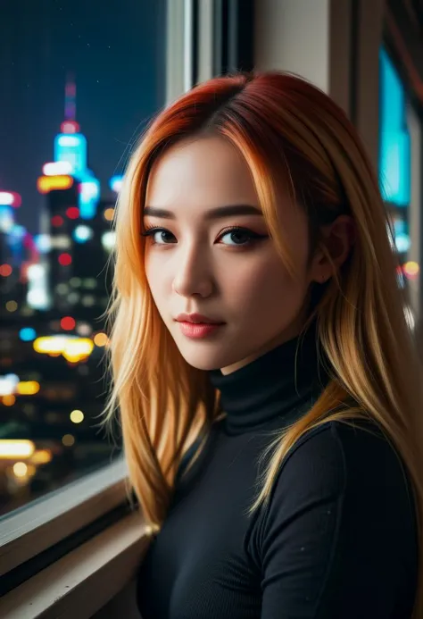 (macro) glamour shot of a beautiful asian young woman wearing a turtleneck bending forward to the viewer in front of a (window:1.3) overlooking (cyberpunk city) at night, bokeh, neon, cyberpunk, dark, low light, low key, multicolored hair, hair highlights, red and blonde hair, dynamic lighting, cinematic still, freckles, dark skin, movie screencap, smile, smirk, piercing blue eyes, extremely long hair, sleek hair, portrait, dynamic pose,, 100mm f/2.8 macro lens, dynamic pose, pov, portrait, close-up
