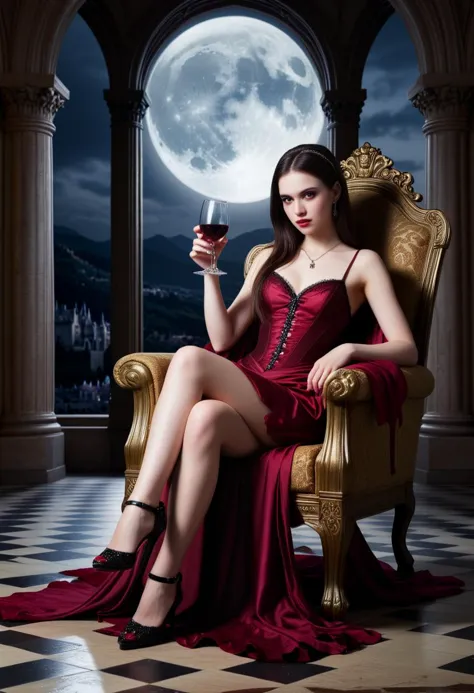 zoey, vampire, princess, castle, throne_room, wine_glass, moonlight, drinking_blood,