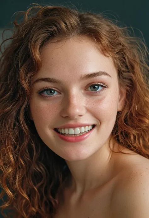 a close up of a woman with a frecky smile on her face