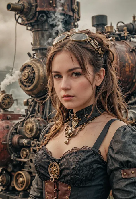 araffe steampunk woman in a corset and steam engine