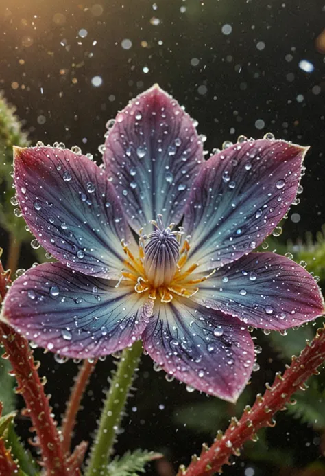 a close up of a purple flower with water droplets on it