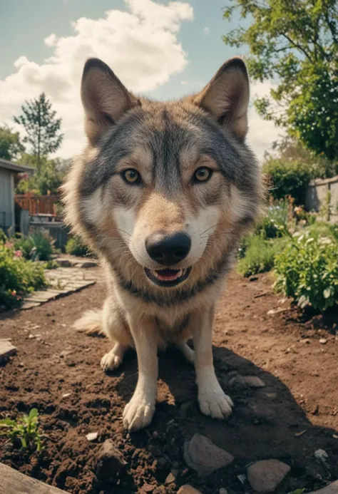 a wolf takes a selfie in lunar colony garden, in the style of fisheye effects, funny mood, strong facial expression, wimmelbilder, tilt shift, intricate details, 8k.