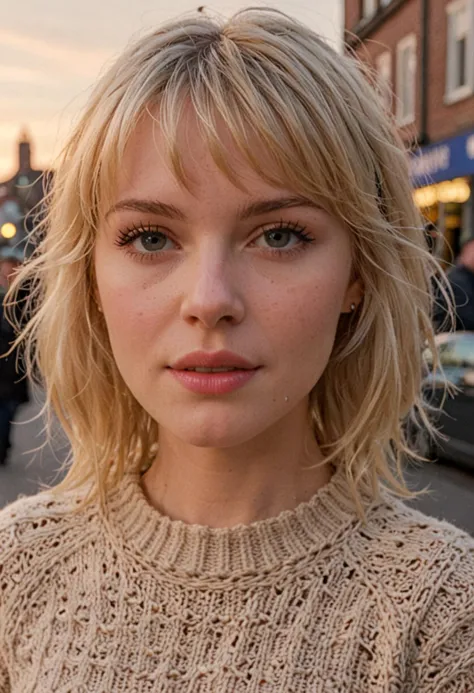 blond woman with short hair and a sweater on a city street