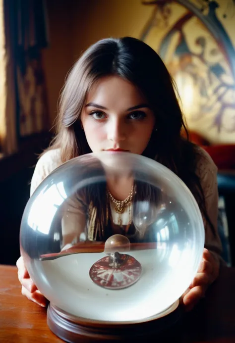 masterpiece,best quality,dreamwave,aesthetic,a girl inside a crystal ball looking at viewer,fortune teller hut, style by Dan Winters,RAW photography,film grain,(indistinguishable from reality:1.4),photo taken with a Bolex H16