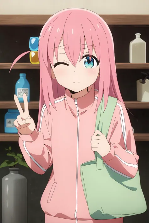 anime girl with pink hair and blue eyes holding up a peace sign