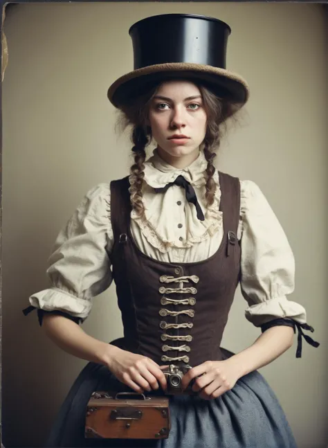 young woman dressed like a luddite, detailed and epic, analog realistic photography