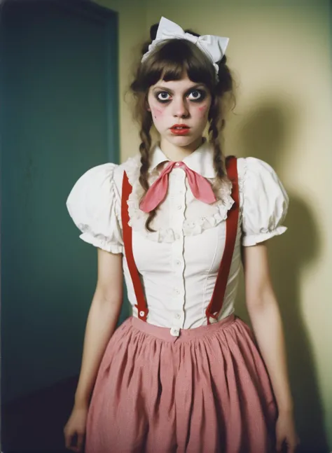 young woman dressed like a kinderwhore, detailed and epic, analog realistic photography