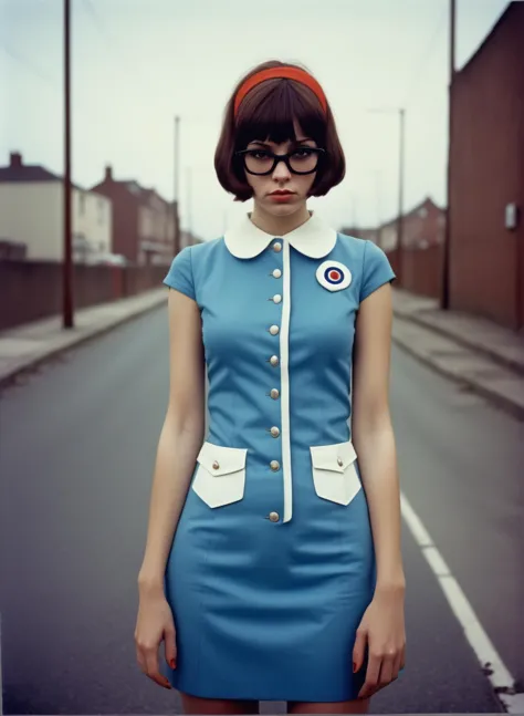 young woman dressed like a mod, detailed and epic, analog realistic photography