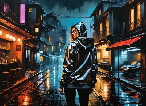 (Ashley Resch), nighttime, cyberpunk city, dark, raining, neon lights ((,Wearing a blazer over a hoodie)), blazer, hoodie, (<lora:DieselPunkAI:0.5> dieselpunkAI ,<lora:2077_Style:0.5>), cyberpunk, synthwave, 1980s, futurism, brutalism, neuromancer, cinematic photo in a kitchen, Background is stunning 17th century european village scenery, detailed and intricate environment, oil painting, palette knife soft brushstrokes, heavy strokes, dripping paint, art station on trend, sharp focus, intricate details, highly detailed,alone in the darkness