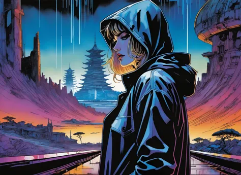 (a girl with a beautiful face), nighttime, cyberpunk city, dark, raining, neon lights ((,Wearing a blazer over a hoodie)), blazer, hoodie, (<lora:2077_Style:0.5>), cyberpunk, synthwave, 1980s, futurism, brutalism, neuromancer, cinematic photo in a bowling alley, up close ready to kiss you,,Radial balance, Sunrise, Water, Ellipse, ultra detailed, intricate,,Amid the ruins of a once-majestic fortress, a soldier pauses, her silhouette ghostly against the backdrop of shifting terrains that oscillate between detailed battle maps and molten landscapes, Tornado, Barren trees, Menacing,,art by Masamune Shirow, art by J.C. Leyendecker