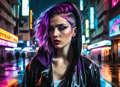 (a girl with a beautiful face), nighttime, cyberpunk city, dark, raining, neon lights ((,Wearing a blazer over a hoodie)), blazer, hoodie, (<lora:2077_Style:0.5>), cyberpunk, synthwave, 1980s, futurism, brutalism, neuromancer, cinematic photo in crete, art by Antoine Le Nain, art by Antoine Verney-Carron,detailed hair, cyberpunk hair, purple hair