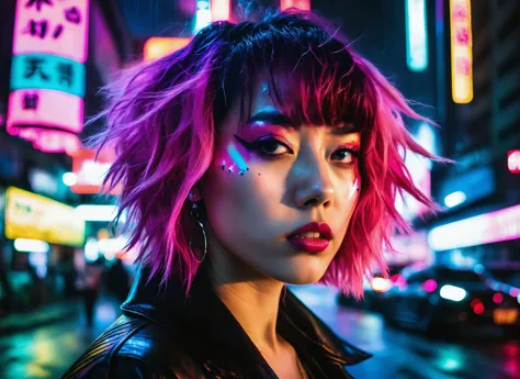 a woman with pink hair and neon makeup standing in the street