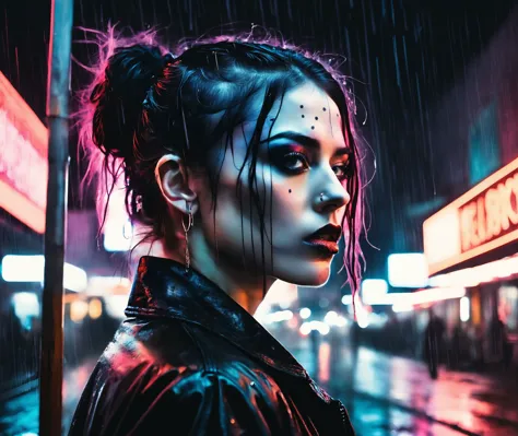 a close up of a woman with a black jacket and a neon sign