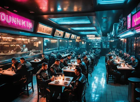 a dimly lit diner with neon signs and people eating