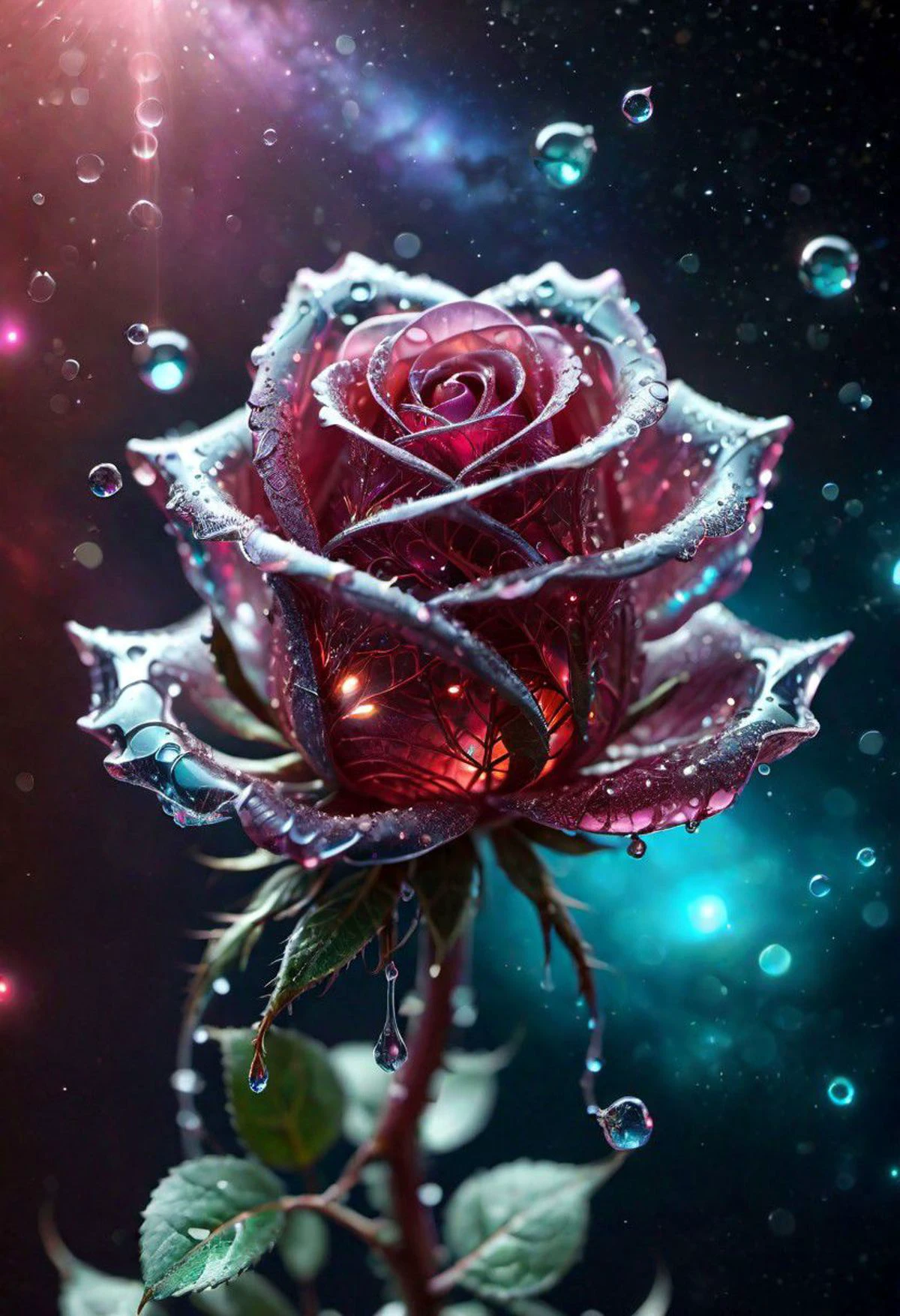 макро фото, сверкающее волшебное фэнтези стекло роза росинка, Очень подробно, потрясающее качество, сложный, кинематографический свет, очень подробно, красивый, сюрреалистический, Драматический, цвета галактики в стиле фэнтези,  