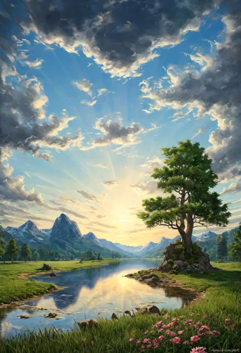 painting of a beautiful landscape with a river and a tree