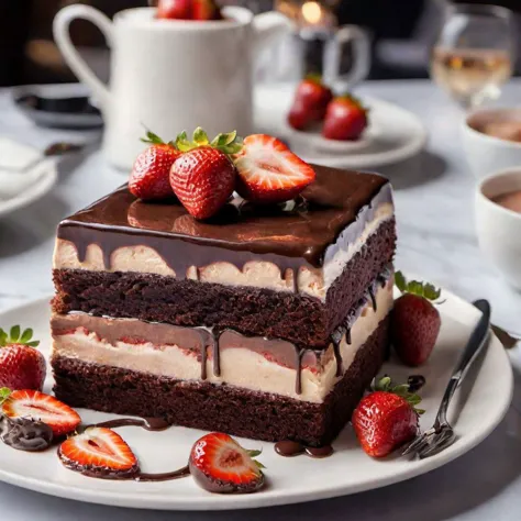 Photo of mouth-watering chocolate cake  with strawberries, elegant dish in a modern cafe, culinary photography
